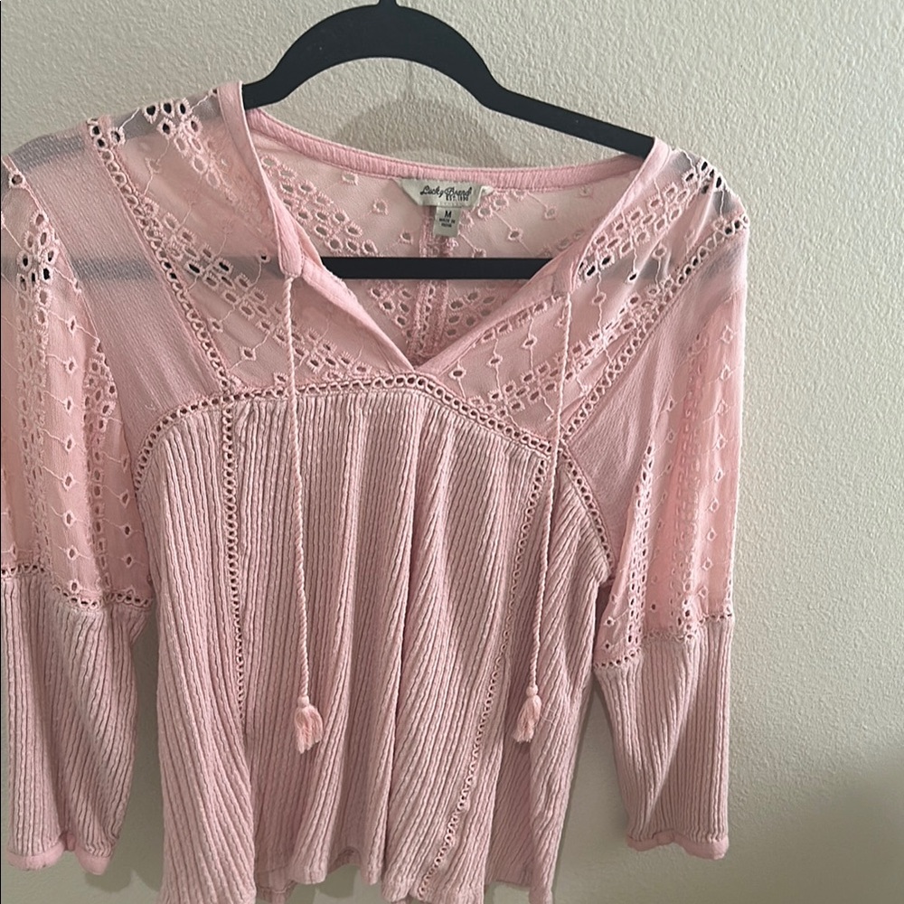 Lucky Brand Pink Ribbed Blouse with Tie Front